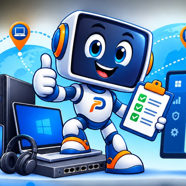 Pio, the PioAssets robot assistant, giving a thumbs-up while holding an asset checklist